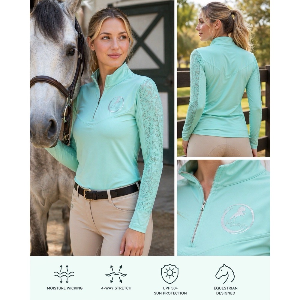 Spirited Horse Lace Riding Top XL Mint Quarter Zip Equestrian Athletic